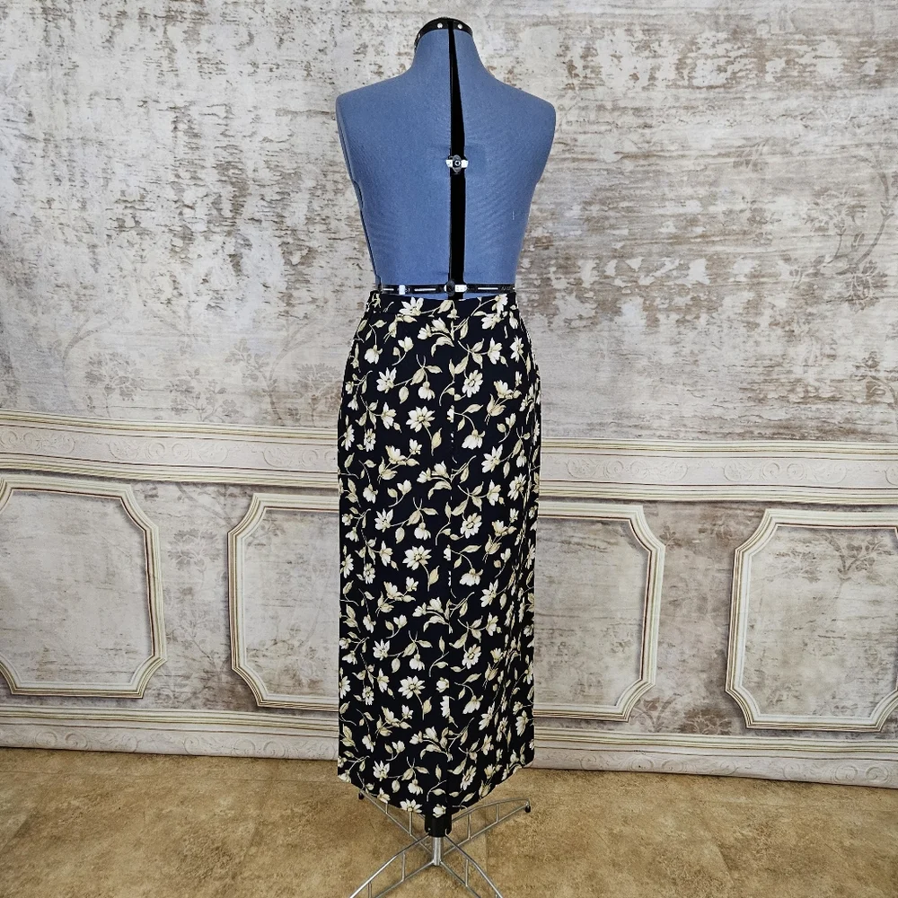 Vintage 1990s Silk Black Floral Maxi Skirt M Column 90s Jones New York Grunge